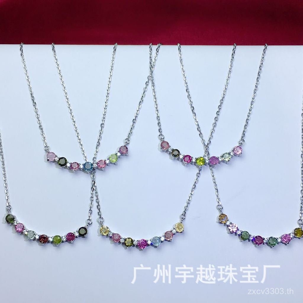 สร้อยคอน้ำเงินSterling Silver 925 ลายกระดูกพร้อมทัวร์มาลีนสีเต็มรูปแบบ SX1