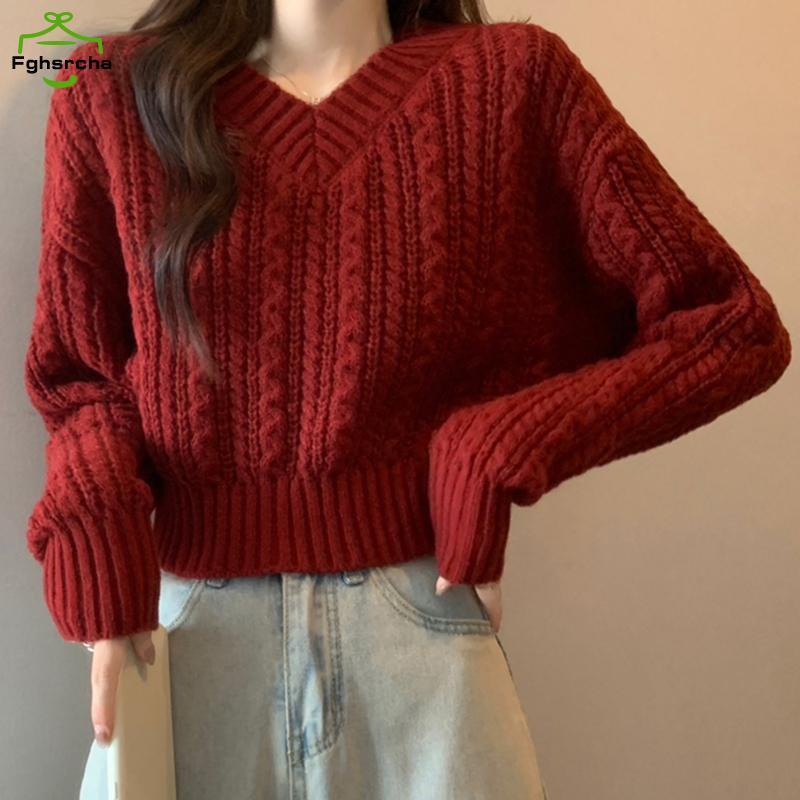 [FHC] แฟชั่นสตรี Retro V คอยาวแขนยาว All-match Casual สั้นถัก Twists เสื้อกันหนาว [fhc]