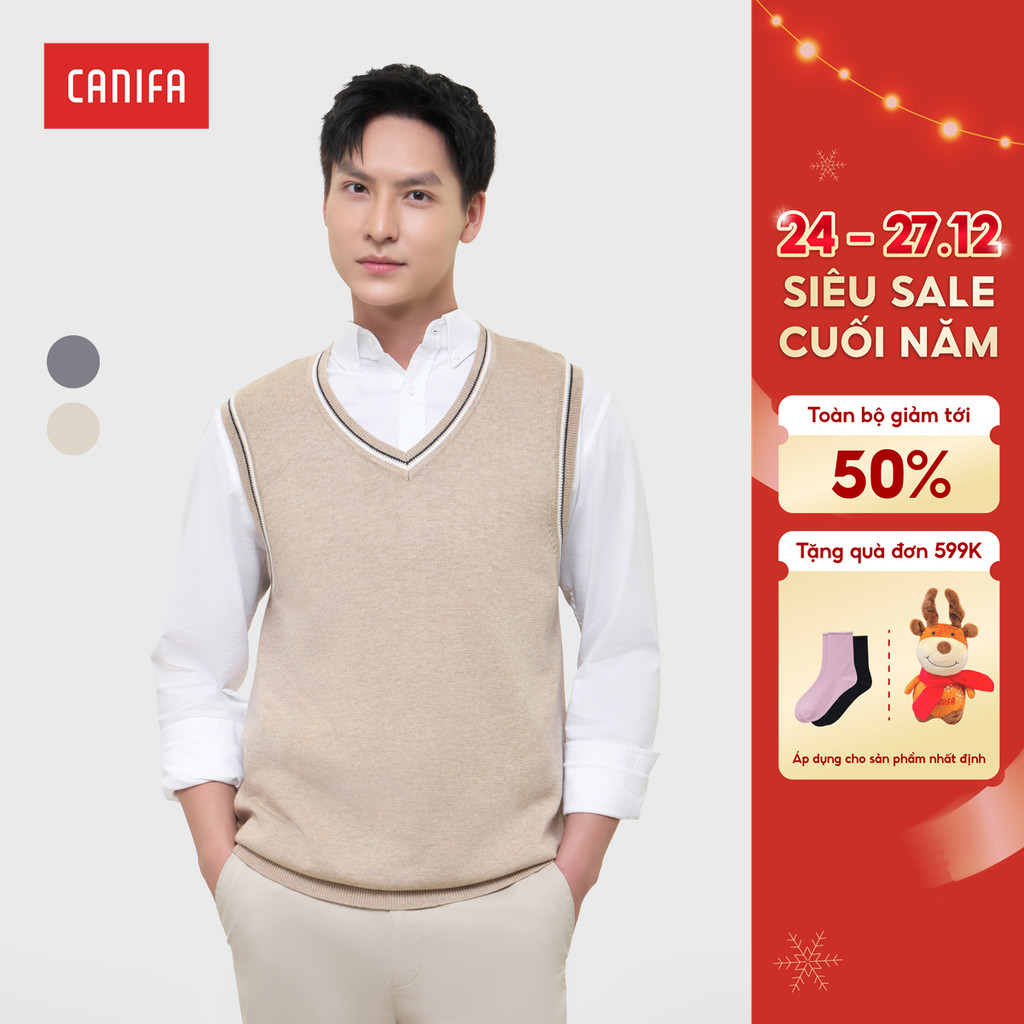 CANIFA เสื้อสเวตเตอร์ผู้ชายคอวีแขนกุดพร้อมสาย 8TE25W005