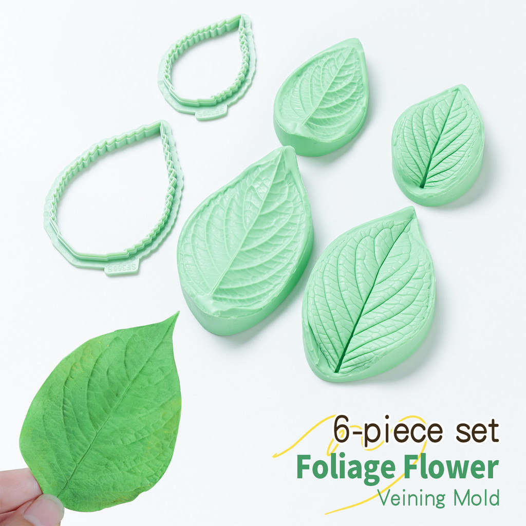 KALAIEN 6PCS ใบไม้ F Ondant Mould ชุด Leaf Veining แม่พิมพ์ซิลิโคนเครื่องตัดพลาสติก DIY Sugarcraft,Clay,Fondant Mould ชุดสําหรับตกแต่งเค้ก Cupcake Topper Hand Craft