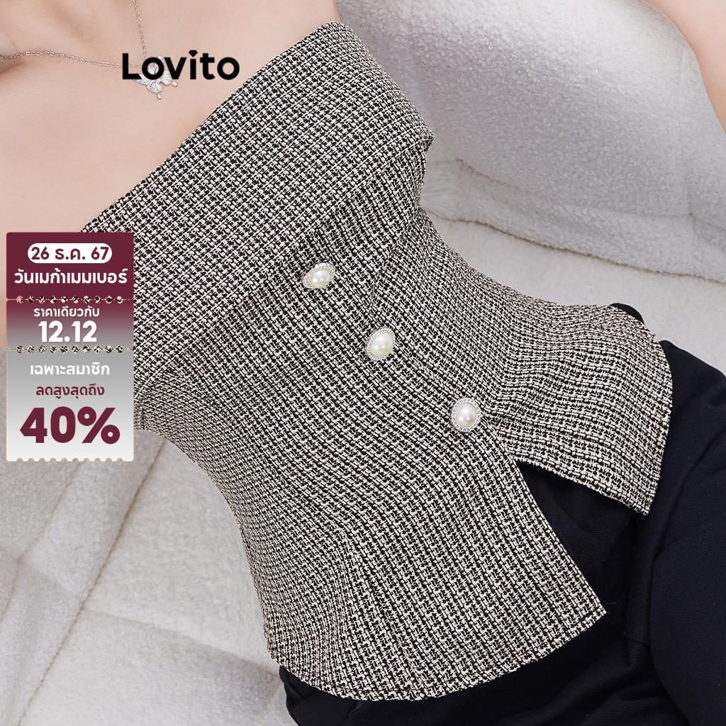 Lovito เสื้อแขนกุดผู้หญิง ลายตารางกิงแฮม มีกระดุมหน้า สไตล์ลำลอง L105MD421