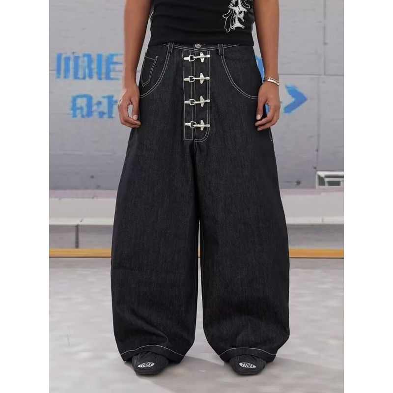 EERS Vintage Washed Denim Pants Mens Straight Loose Wide-Leg Stylish Pants