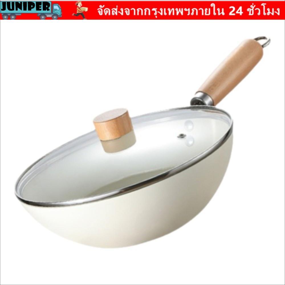 JUNIPER กระทะ กระทะพร้อมฝาปิด ด้ามไม้ ขวดซอส Saucepan ทนทานไม่เคลือบ 20/24 ซม. หม้อปรุงอาหารเซรามิกไ