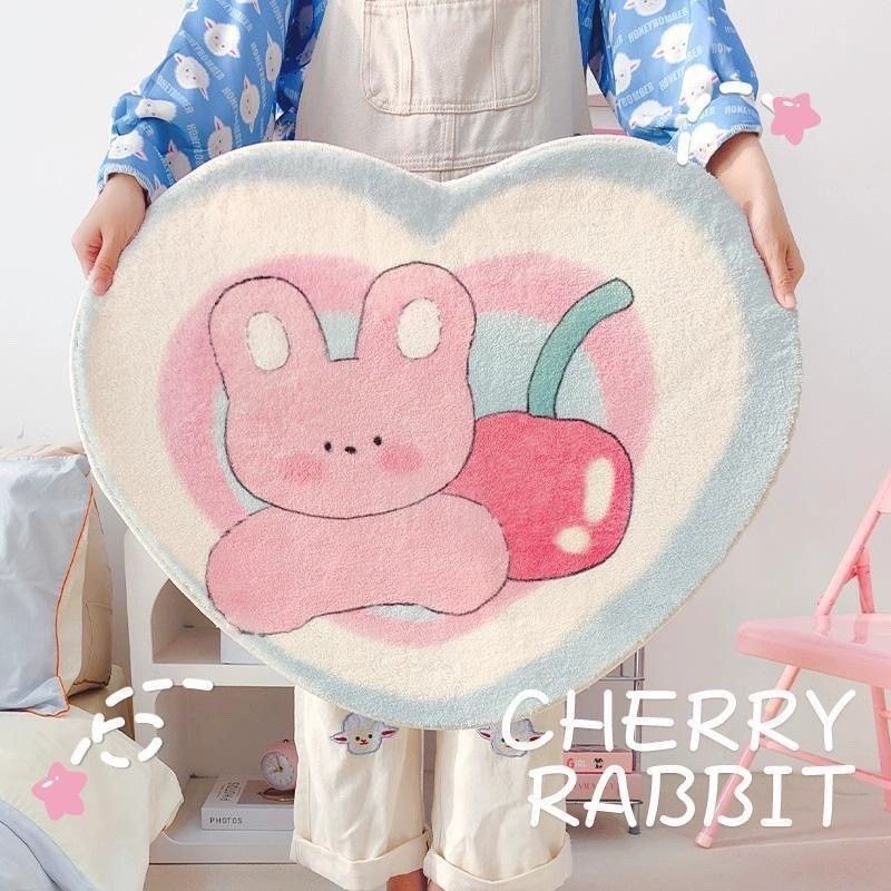 樱桃小兔爱心地毯女生卧室床边可爱衣帽间镜前毯防滑地垫脚垫加厚1.1Cherry Rabbit Love Carpet Girls Bedroom Bedroom Lovely Cloakroom Mi
