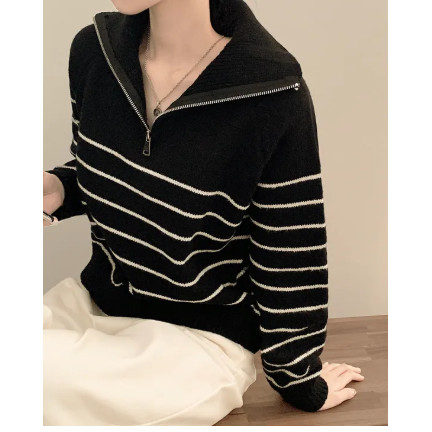 Half-Zip Striped Crop Knit Sweater