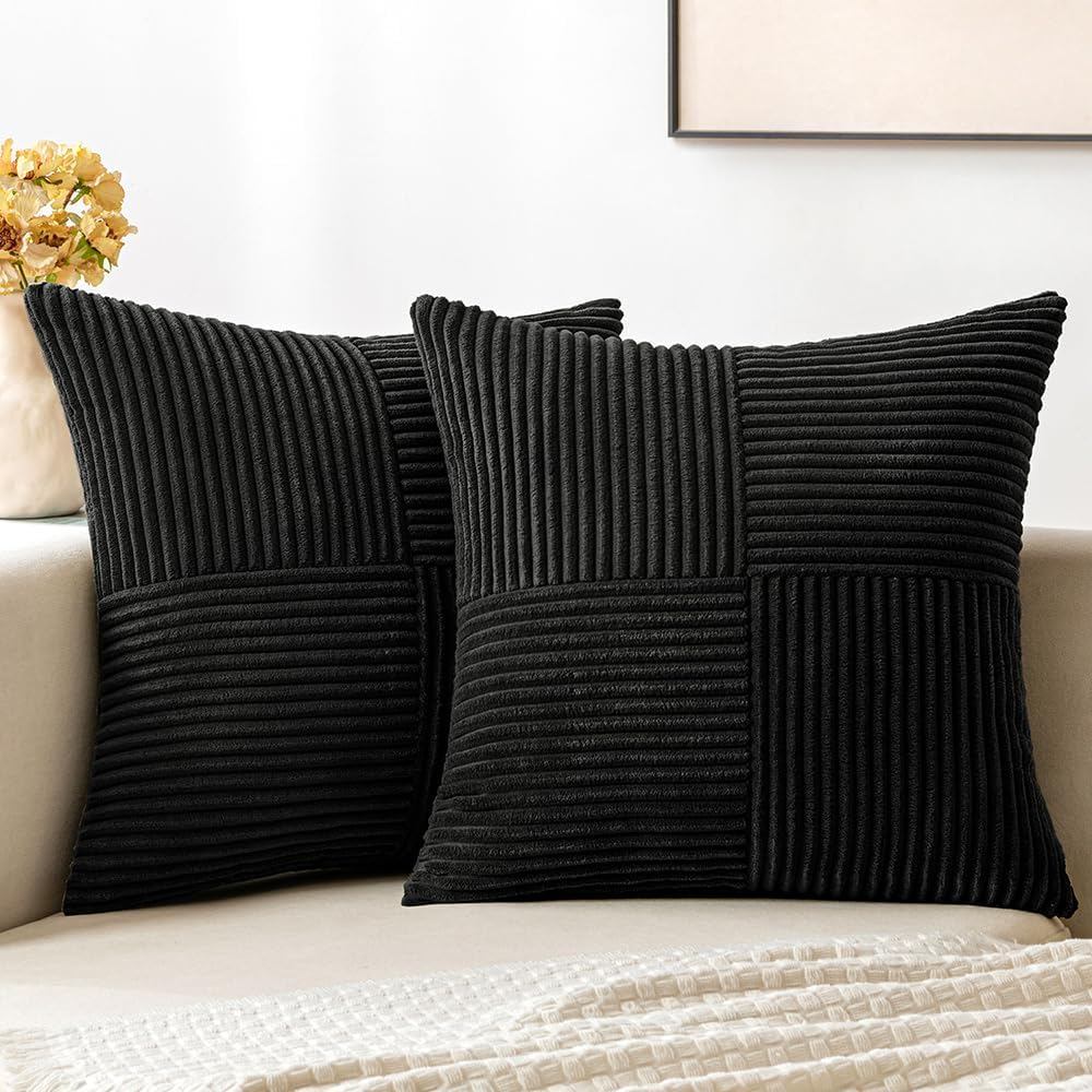 Black Corduroy Pillow Covers Boho Decorative Spliced Throw Pillow Covers Soft Solid Couch Pillowcase