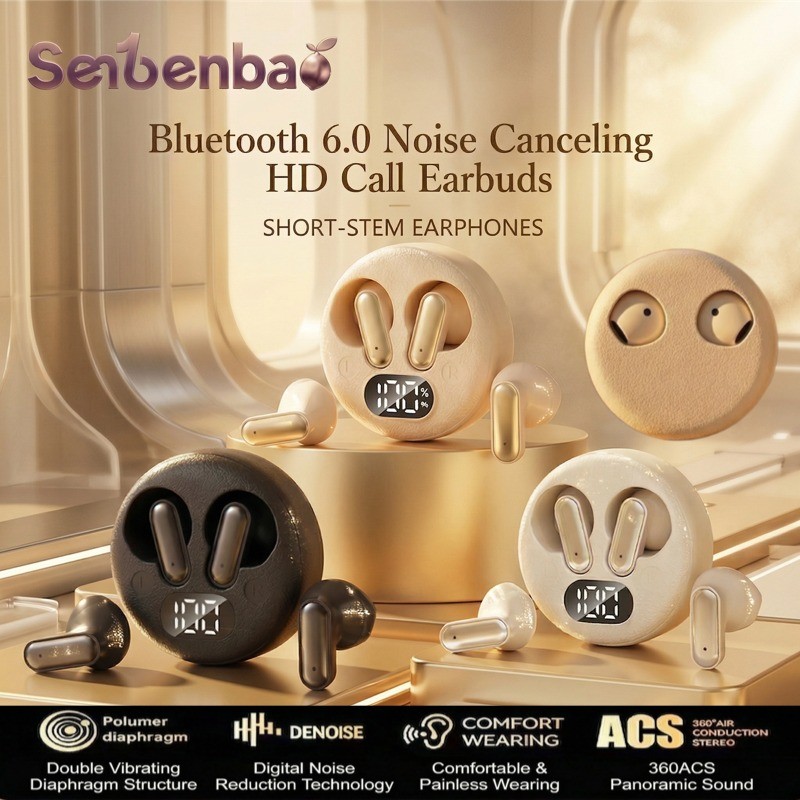 Senbenbao S19 หูฟังไร้สายบลูทูธหูฟังด้ามสั้นออกแบบหน้ายิ้ม,ไฮไฟสเตอริโอ,จอแสดงผล LED,ไมโครโฟน IPX5 ENC