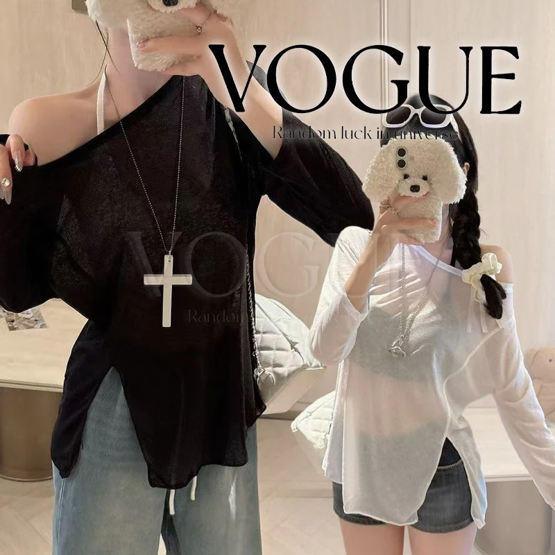 Vogue🌟พร้อมส่ง🌟 เสื้อคลุมคอกลม ผ้าชีฟองแขนยาว ดีเทลผ่าข้าง ทรงโอเวอร์ไซส์ เหมาะซัมเมอร์ฤดูร้อน (FY5558#1)