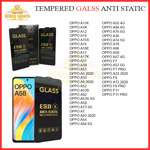 BC TEMPERED GLASS ANTI STATIC OPPO A1K-A11K-A12-A15S-A16-A16E-A17-A17K-A31-A3S-A53S-A5 2020-A52-A57-