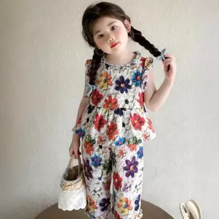DY06 [รุ่นใหม่ ] ชุดเด็กผู้หญิงฤดูร้อน เสื้อกล้าม+กางเกงขายาว ลายดอกไม้หมีน้อย น่ารักสดใส ผ้าบางเบา