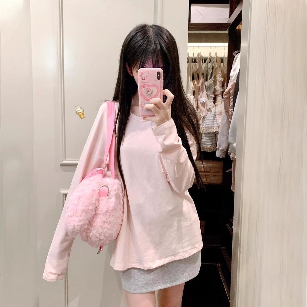 Cod สีชมพูผ้าฝ้ายแท้เสื้อยืดแขนยาวผู้หญิงรอบคอต้นฤดูใบไม้ร่วงเสื้อสเวตเตอร์บางด้านในขี้เกียจหลวม Dop