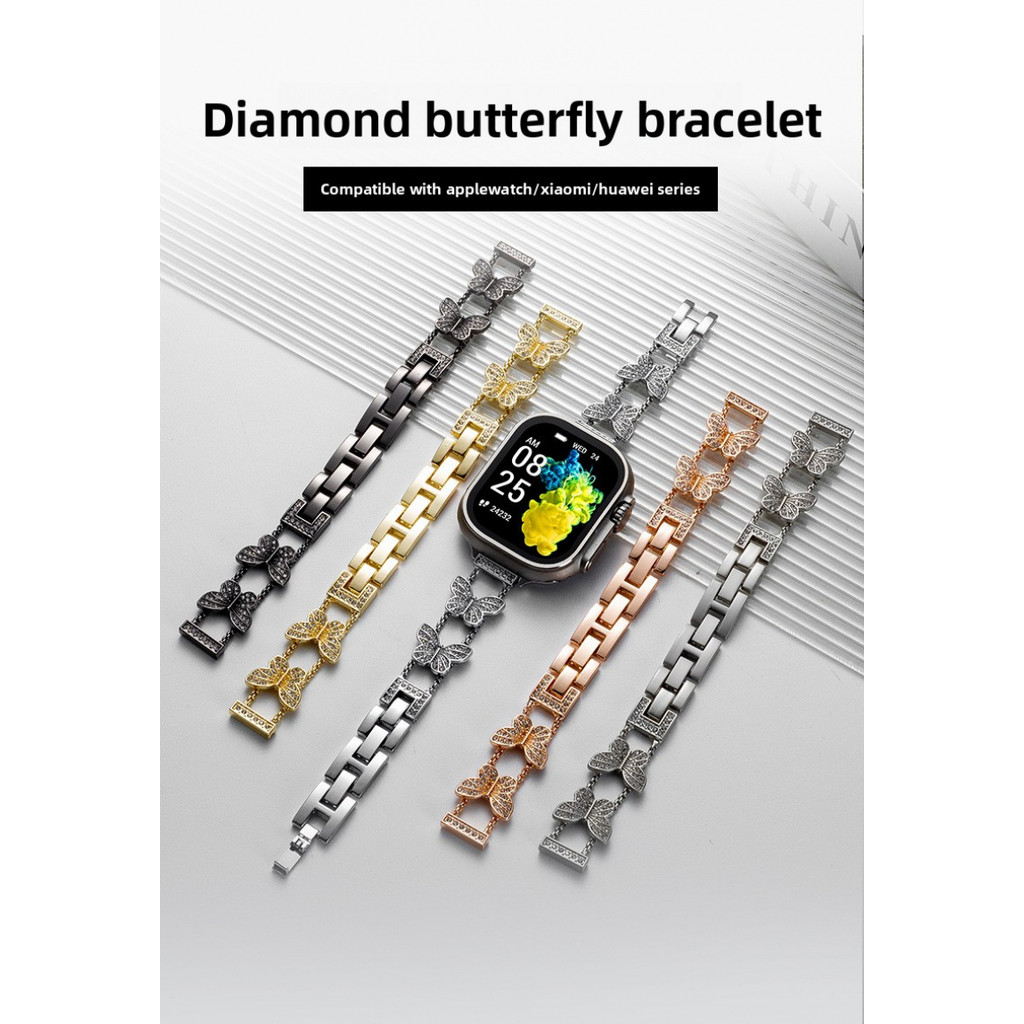 สายโลหะดีไซน์ผีเสื้อ Bling หรูหราเข้ากันได้กับ Smart watch Series 10
