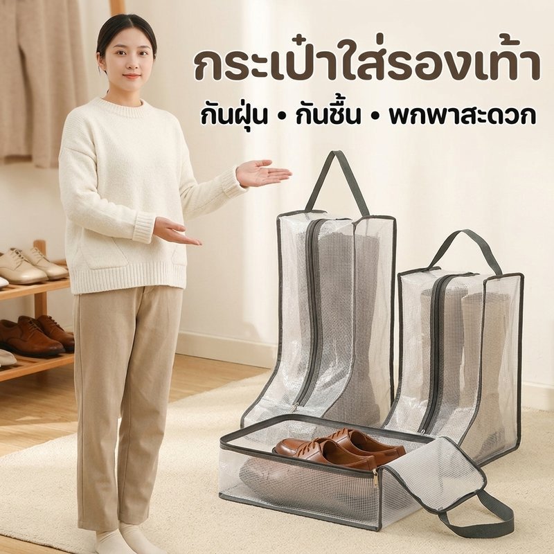 กระเป๋ารองเท้า กันฝุ่น กันความชื้น หน้าต่างมองเห็นได้ ดูดซับความชื้น พกพาสะดวก สำหรับรองเท้าบูท