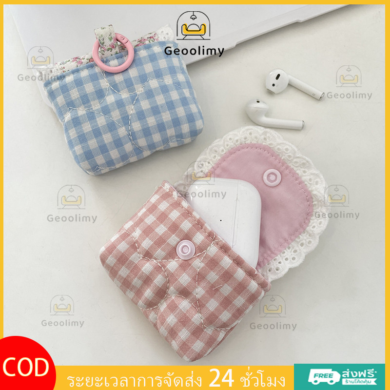 Geoolimy เคสหูฟังลายสก็อตสุดน่ารัก ตกแต่งด้วยลูกไม้ นุ่มนิ่ม สำหรับหูฟัง IP หวานสดชื่น