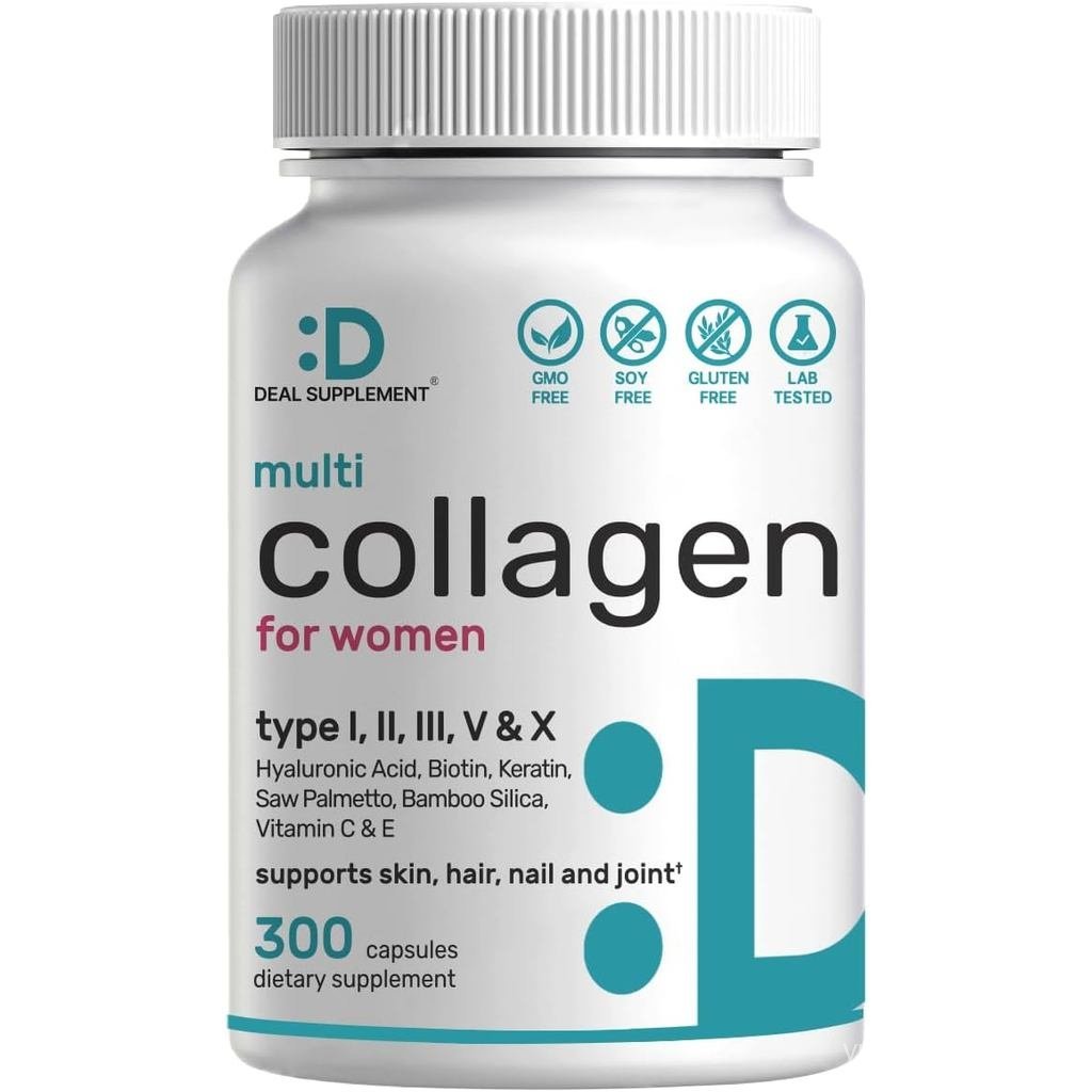 เม็ดหลายคอลลาเจนสําหรับผู้หญิงและผู้ชายด้วยวิตามินซี E & Biotin 300 แคปซูล – Type I II III V X Hydro