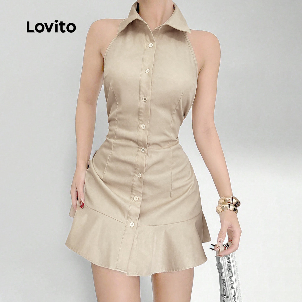 Lovito เดรสลําลองชายระบายซิปบนสําหรับสุภาพสตรีฤดูใบไม้ผลิ/ฤดูร้อน สีกากี L182ED086