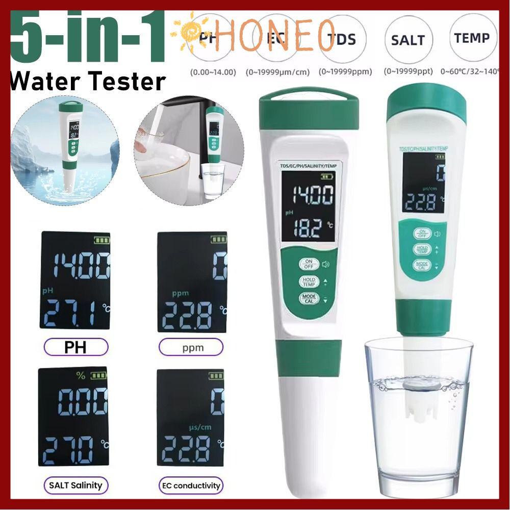 ปากกาทดสอบน้ํา HONE,ปากกาทดสอบคุณภาพน้ําแบบดิจิตอล 5 in1,เครื่องทดสอบ TDS จอแสดงผล LCD กันน้ํา 0-999