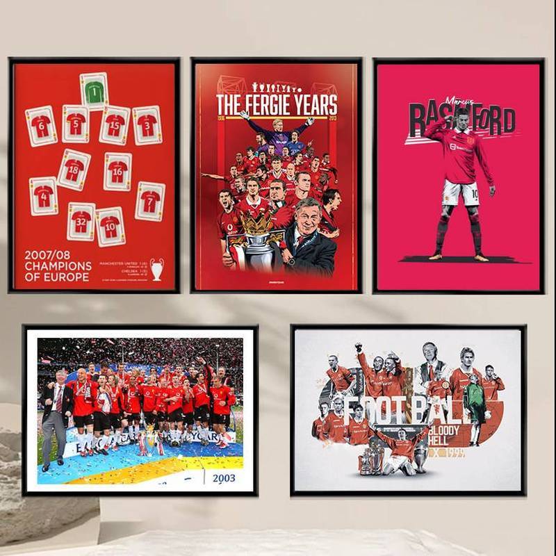 โปสเตอร์ผ้าใบสไตล์เรโทรแมนเชสเตอร์ยูไนเต็ดยุคเฟอร์กี ศิลปะตกแต่งผนังฟุตบอล ไร้กรอบ เหมาะสำหรับแฟนบอลตกแต่งบ้าน