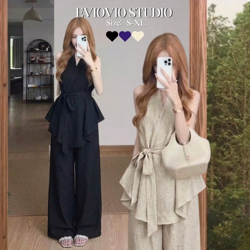 S-XL【EVIOVIO💌เซตเสื้อแขนกุด & กางเกงขากระบอก สไตล์เกาหลี ชุดไปคาเฟ่ ชุดทำงานผู้หญิง ชุดไปทำบุญ ชุดไปงานแต่ง พร้อมส่ง🧺