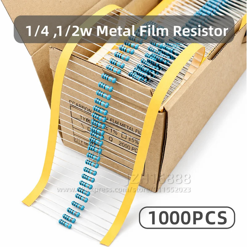 ตัวต้านทานฟิล์มโลหะ 1000 ชิ้น 1% 0.25 W 0.5 W 1/4W ความต้านทาน 1/2W 10R,100R,220R,330R,1K,2.2K,4.7K,