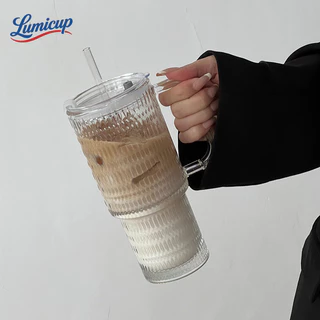 แก้วน้ำแก้วใสสไตล์วินเทจ 720ml มีหูจับ พร้อมฝา+หลอด แก้วกาแฟ/ชานม/น้ำผลไม้ ขนาดใหญ่ ทนร้อน-เย็น
