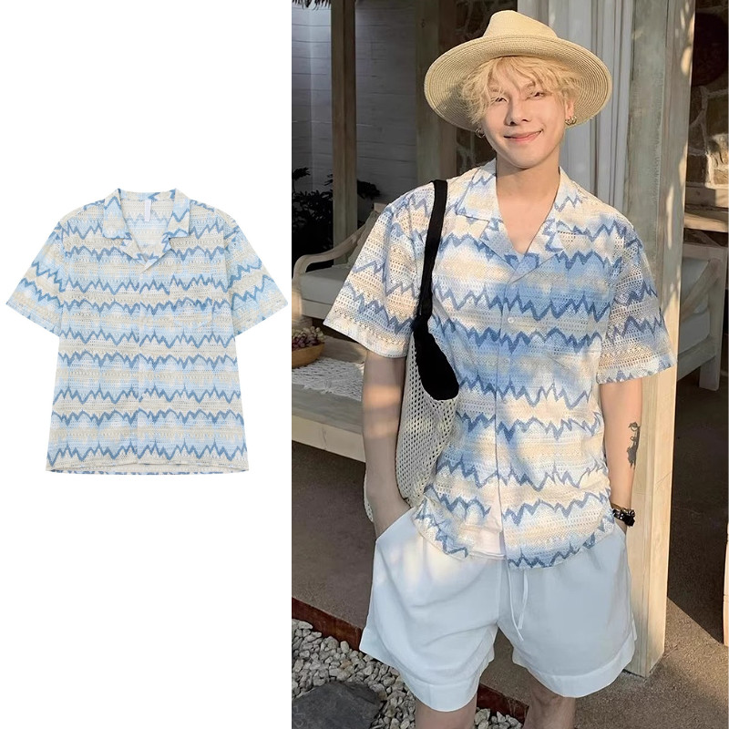 เสื้อเชิ้ตแขนสั้นสไตล์ฮาวายสำหรับชายหาด ทำจากผ้าไหมน้ำแข็งระบายอากาศได้ดี
