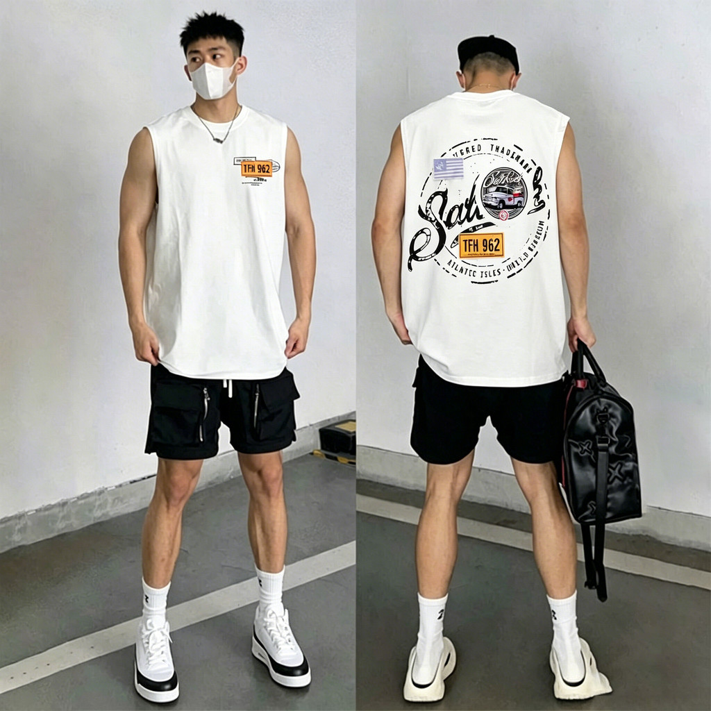 COD✨จัดส่งตลอด 24 ชั่วโมง✨แขนกุด พลัสไซส์ เสื้อกล้าม เสื้อชาย 'รูปแบบตัวอักษรขาว - ดำ' เสื้อยืดคอกลมแขนกุด เสื้อบาส เพาะ