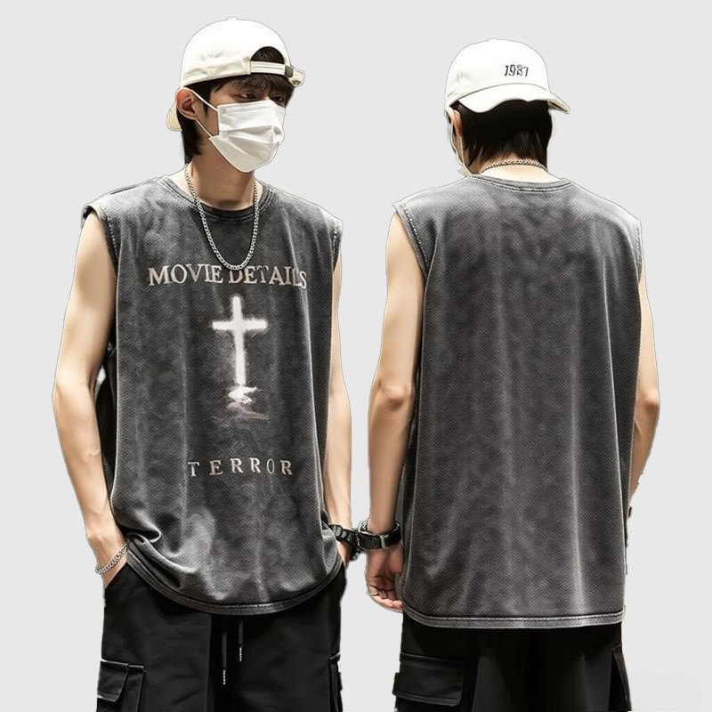 เสื้อยืดแขนกุด พิมพ์ลาย ถนนสูง สีดำ สไตล์ย้อนยุค สหรัฐอเมริกา เสื้อกั๊กแฟชั่นชาย