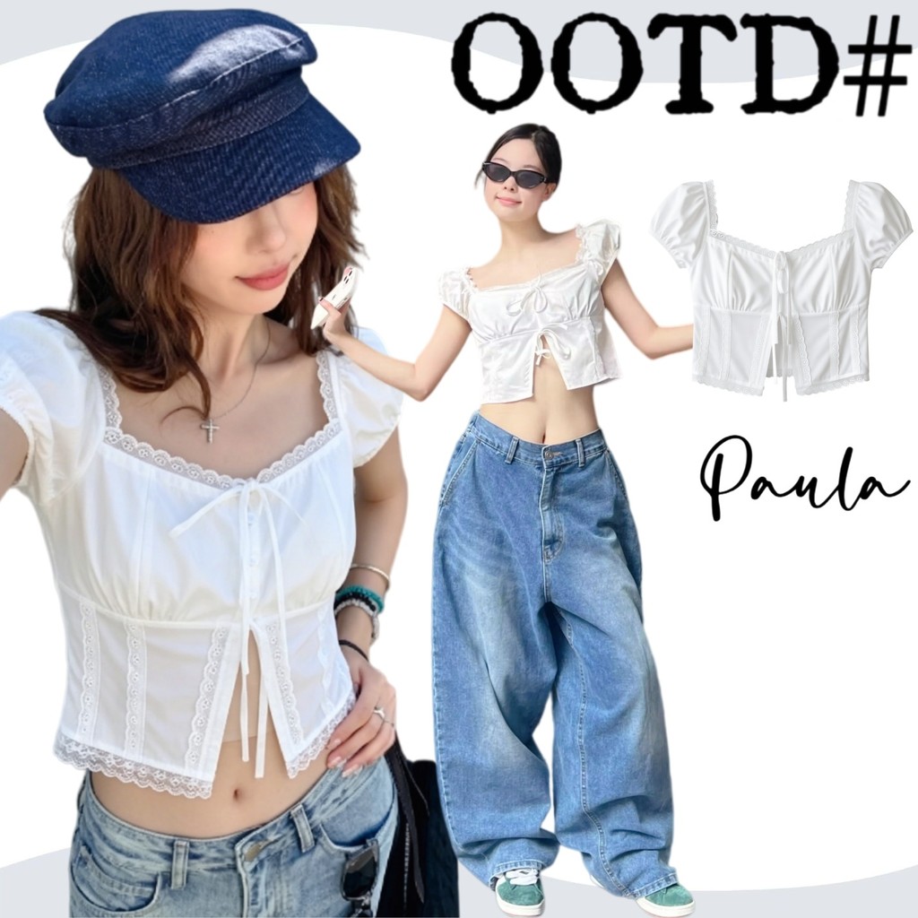 Paula  พร้อมส่ง🌴เสื้อครอปสาวเกาหลี🌴ลูกไม้ เเขนสั้น ไหล่ปาด แหวกหน้า ระบายสวย สไตล์เซ็กซี่ ใส่สบาย