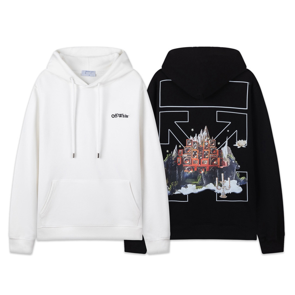 YGHG Off-White Spring and autumn unisex long-sleeve hoodie with snow mountain and arrow print