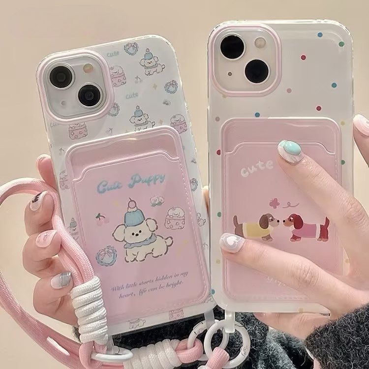 ของมาใหม่ เคสสำหรับไอโฟน17 รุปสุนัข ชมพู เคสช่องใส่การ์ดสายข้อมือ For iPhone17 16 11 12 13PROMAX 14 15PLUS 7/8 SE2 XS XR