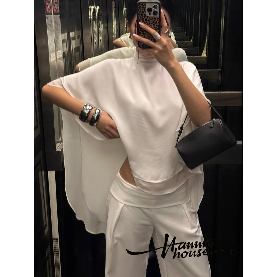 HANIE House- ผู้หญิงชีฟองไม่สมมาตร Hem Poncho สีทึบคอสูงผ้าคลุมไหล่หลวม Wraps Cape Boho Tops