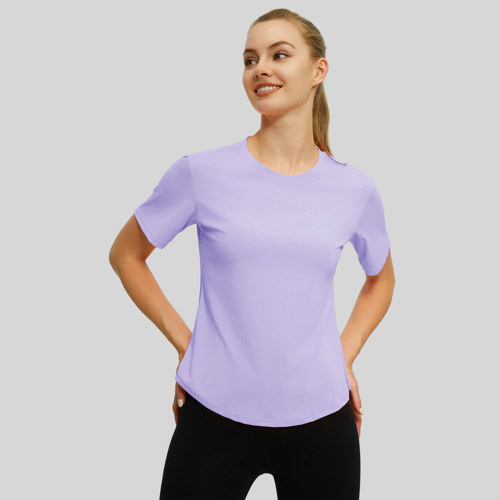 Womens Sports Quick – dry เสื้อยืดแขนสั้นคอกลมหลวม Arc Hem Gym Running Home – โปรปัง