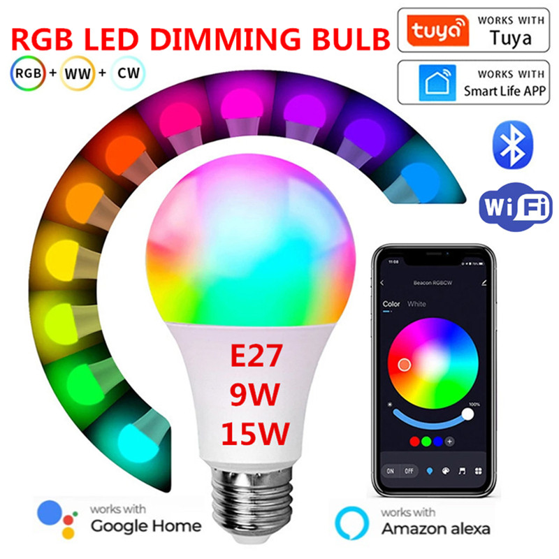 Tuya WiFi Smart Life RGBW LED E27 9w 15w หลอดไฟหรี่แสงได้ Magic โคมไฟ Alexa Google Home สําหรับบ้านห้องนอน