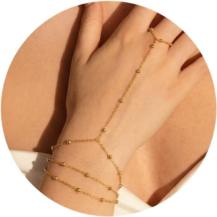 Moodear Gold Bracelet Stack สําหรับผู้หญิง - Dainty Hand Chain อินเทรนด์ลูกปัด Link แหวนสร้อยข้อมือช