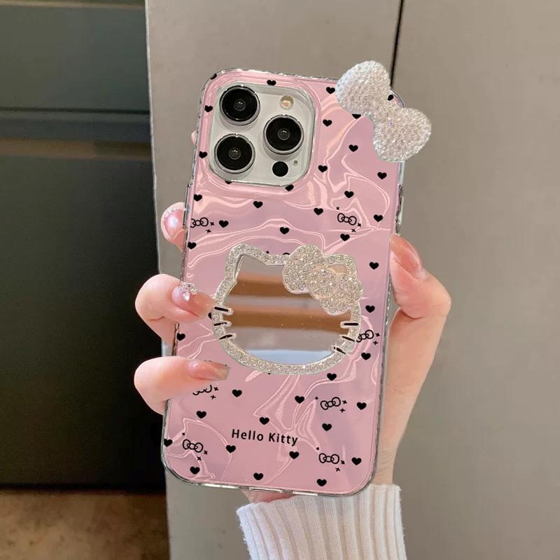 3D Hello Kitty เพชรกระจกสําหรับ OPPO A6 A5i A5 A3 Pro A20 A5X A3X A80 A60 A40 A17 A17K A79 A38 A18 A57 A54 A93 A74 ฝาครอบโทรศัพท์หัวใจจุด