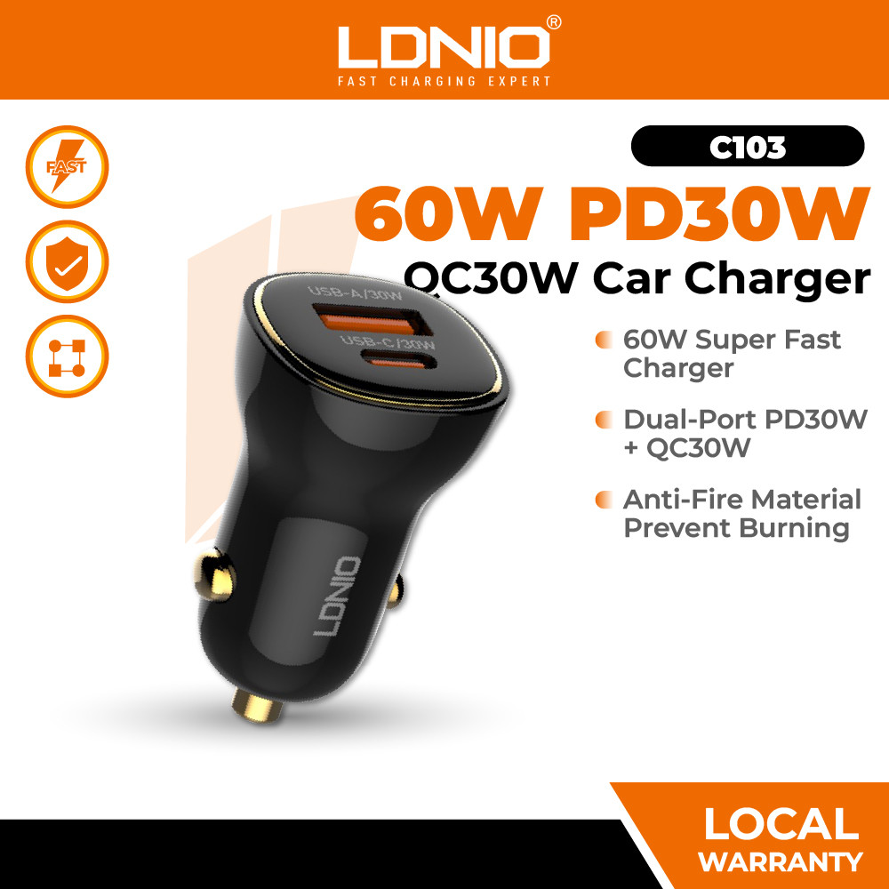 LDNIO C103 60W PD QC Super-Fast Car Charger PD30W + QC30W รองรับ PD/PPS