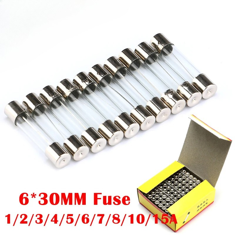 100 ชิ้น 6*30 มม.แก้วฟิวส์หลอดฟิวส์ 6X30 มม.Fast Fusing 250V 0.5A 1A 2A 3A 4A 5A 6A 8A 10A 12A 15A 20A 25A 30A 6X30