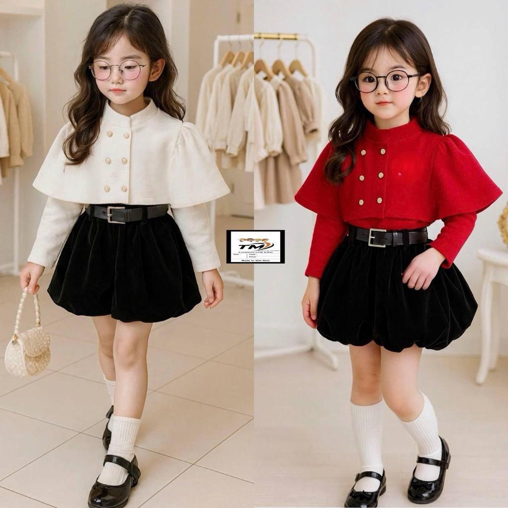 G347 (ขนาด 90-140) ชุดเซ็ทลูกสาว 4 ชิ้น เสื้อแขนยาว + เสื้อคลุม + เช็มกลัด และกางเกงทรงบอลลูนมีเข็มข