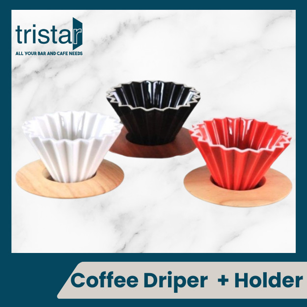 Coffee Dripper V60 Origami Ceramic + ที่วางไม้ | เครื่องมือต้มกาแฟแบบชงด้วยมือ
