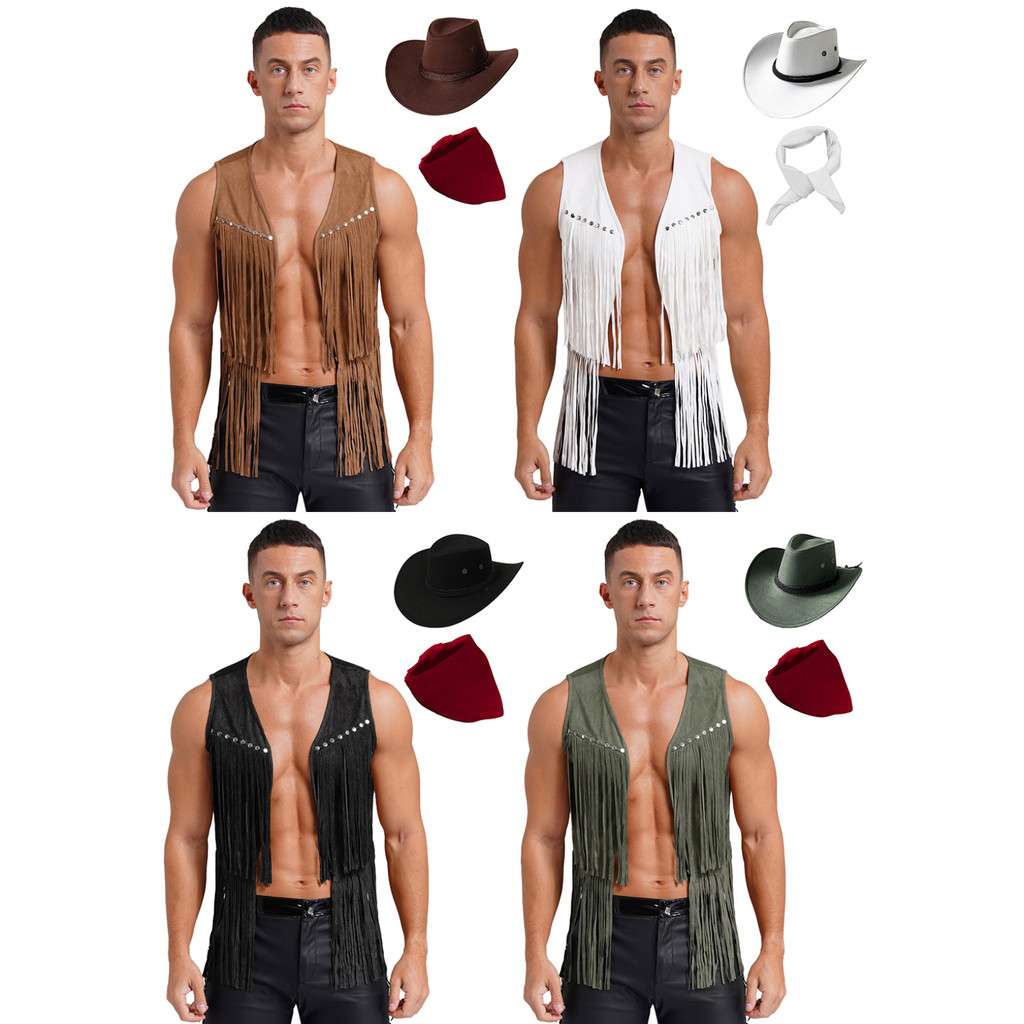 Yeahdor Mens Western Cowboy เครื่องแต่งกาย Faux Suede พู่ Rivets เสื้อกั๊กหมวกและ Vintage Bandanna 3 ชิ้นชุดสําหรับฮาโลวีนคอสเพลย์