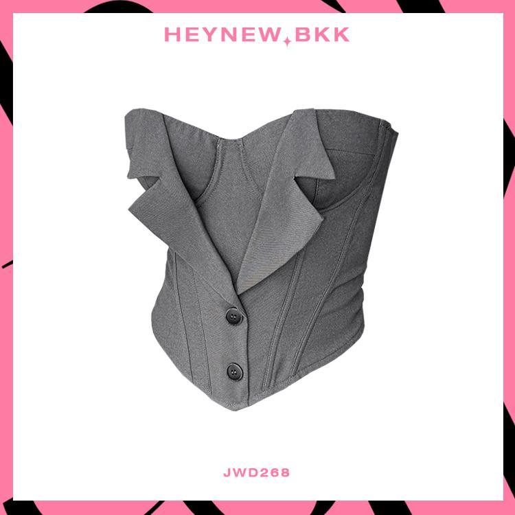 JWD268 เสื้อเกาะอกน่ารักวิ้งๆดีเทลกระดุมและสายรัดเอวสําหรั รูปที่ 4