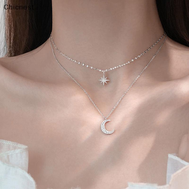 [Chc] แฟชั่น Simple Double Layer Star Moon จี้สร้อยคอหรูหราฝังเพชร Clavicle Chain สําหรับผู้หญิงเครื