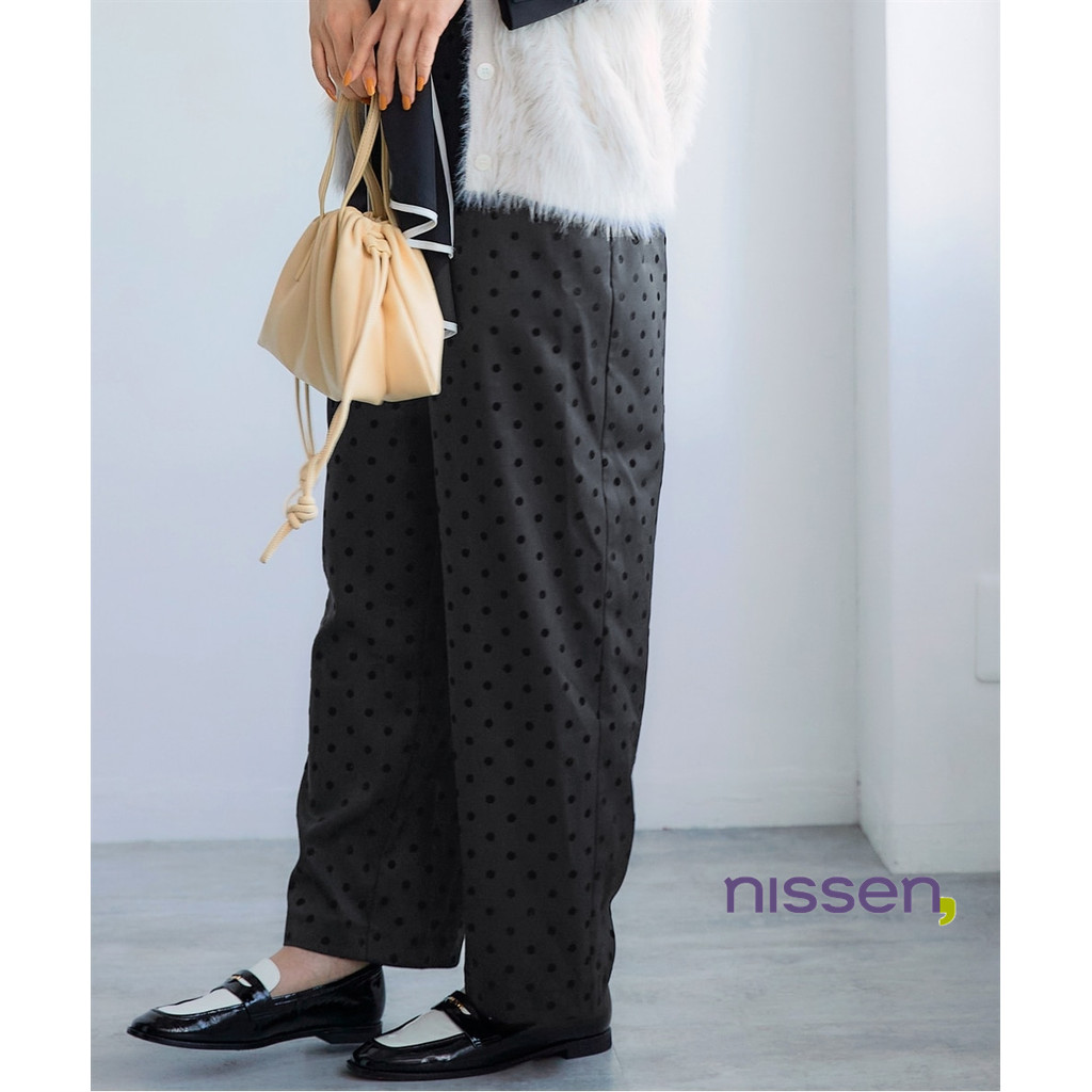 Direct from Japan Nissen_ กางเกงขายาวลายจุดฟล็อคทรงตรง ใส่สบาย เอวยืดหยุ่น แฟชั่นผู้หญิง Nissen