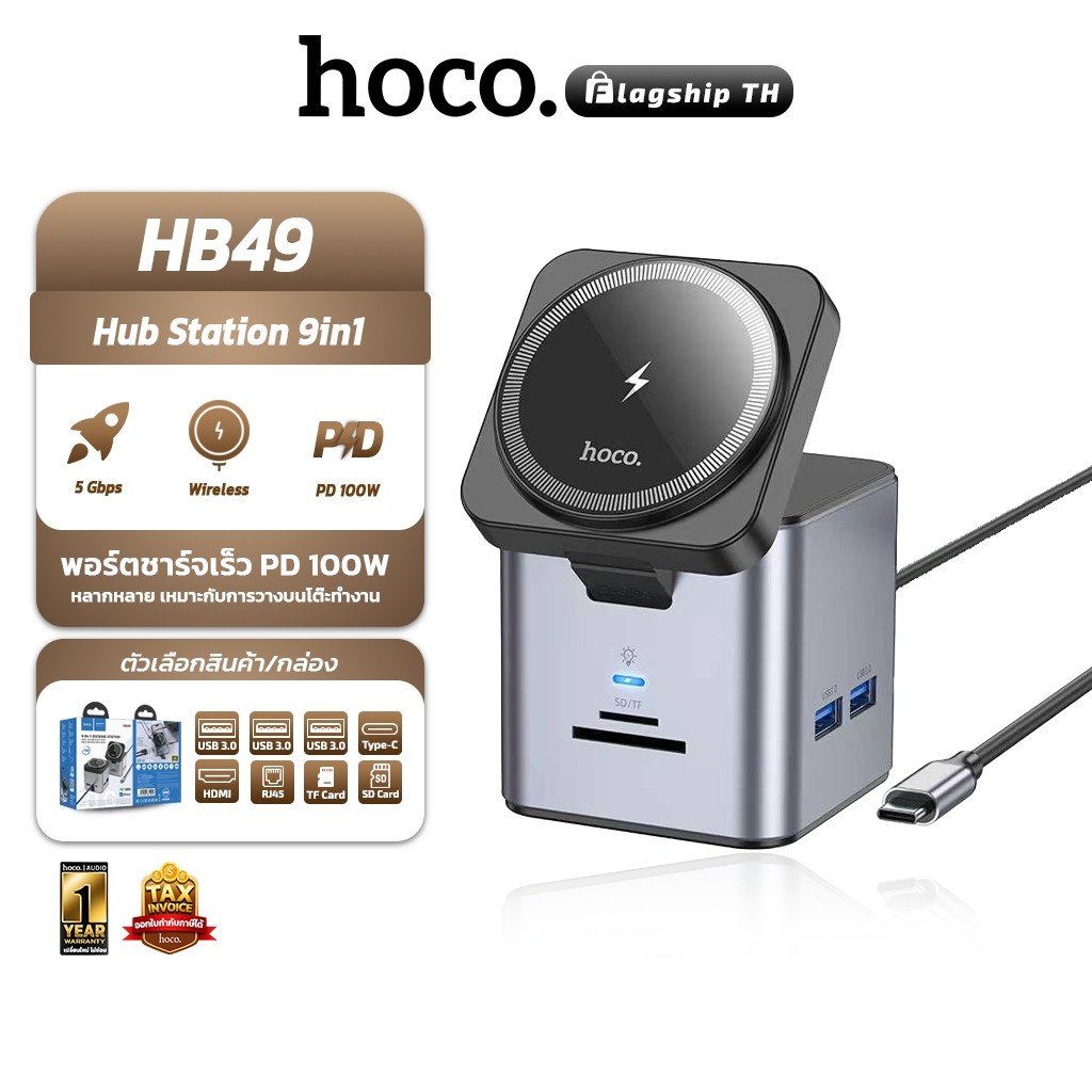 HOCO HB49 ฮับสเตชั่น 9in1 รองรับชาร์จไร้สาย Type-C to wireless charger + HDTV + PD + USB3.0 * 3 + SD