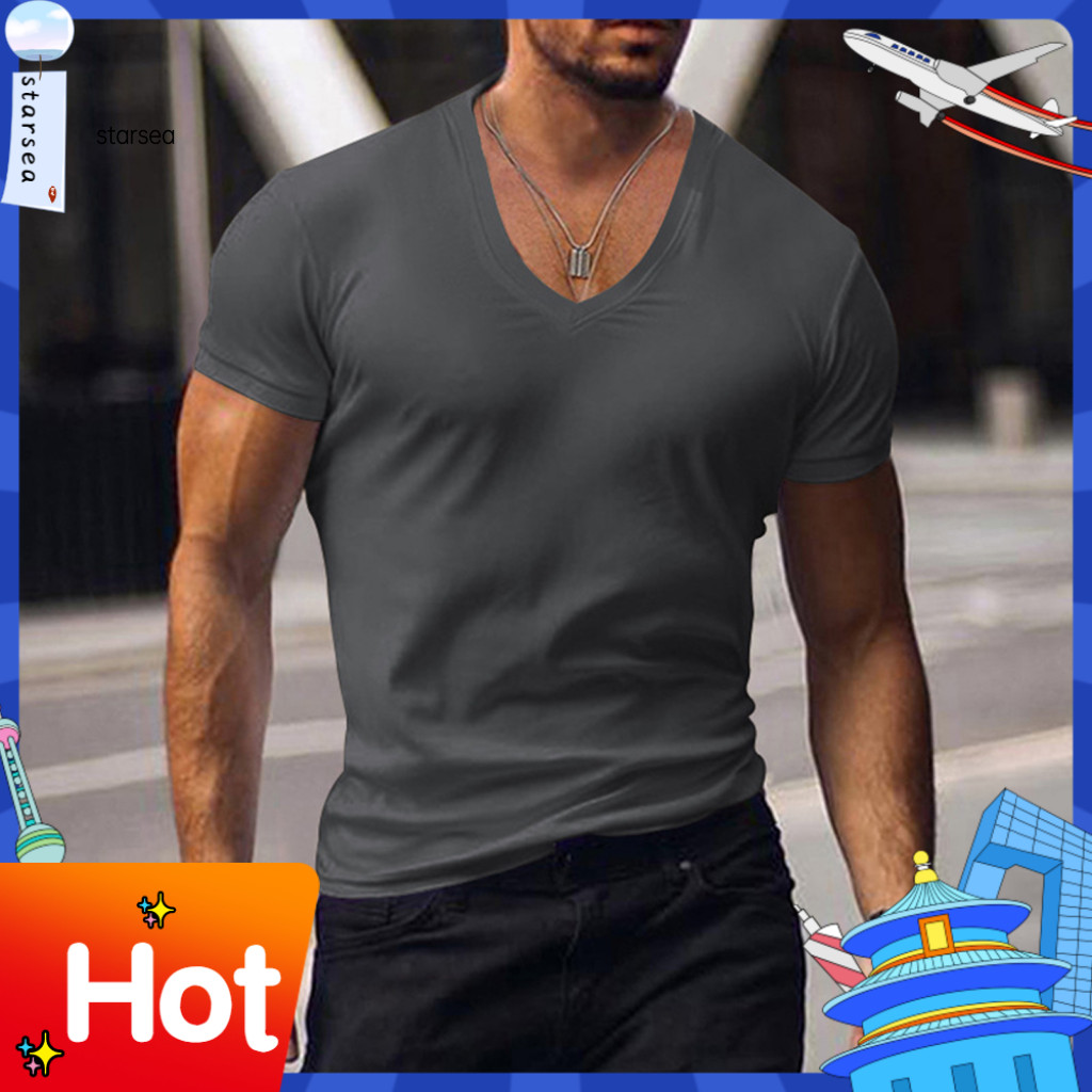 SRA ZK ผู้ชายเสื้อยืดVคอสีทึบการดูดซึมเหงื่อBreathable Extra Soft Dress-upล้างทําความสะอาดได้ฤดูร้อน