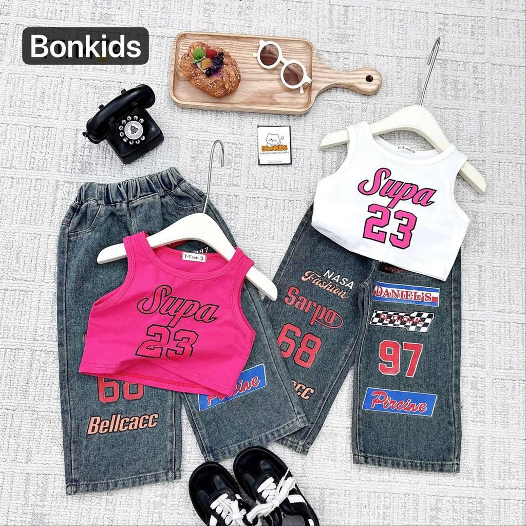 G353 (ขนาด 90-140) ชุดเซ็ทเสื้อกล้ามลาย supa และกางเกงยีนส์ตกแต่งลายสวยๆ