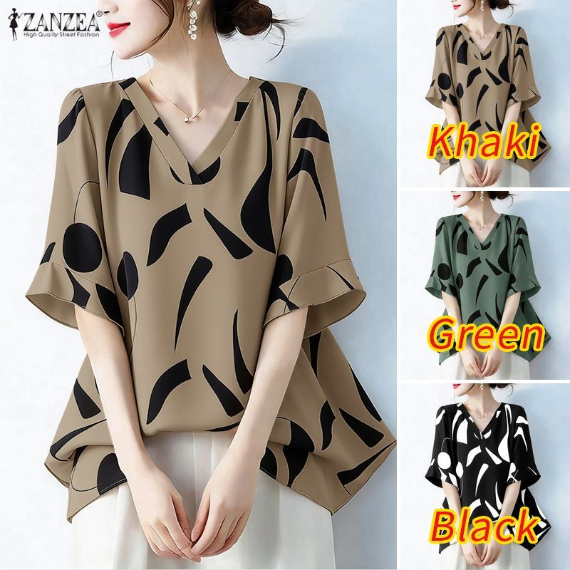 ZANZEA ผู้หญิงเกาหลี Elegant แฟชั่น Lady V คอ Ruffle แขนเรขาคณิตพิมพ์เสื้อชีฟอง — صورة 3