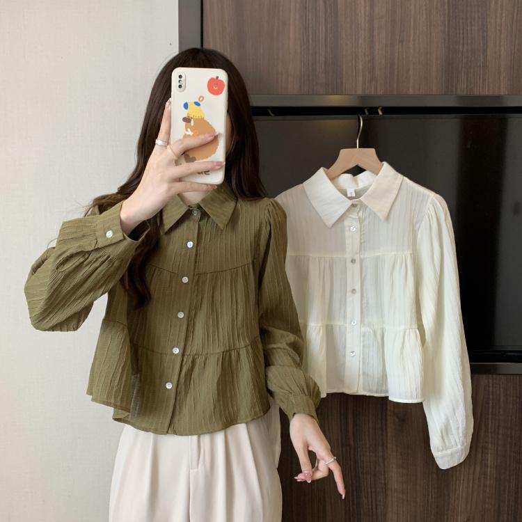 👚Anna👚 เสื้อเชิ้ตแขนยาวสไตล์เกาหลี เสื้อทรงเบบี้ดอลล์ แขนยาว อเนกประสงค์ Ruffle design เสื้อเชิ้ตมีปกสำหรับผู้หญิง W697