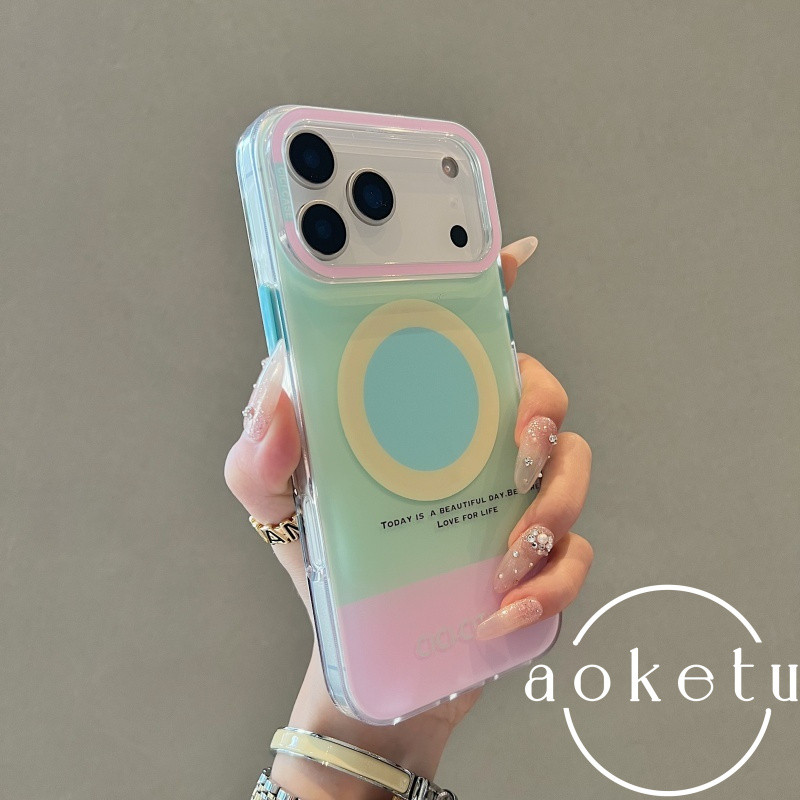 · Ins Girl Heart Dopamine Contrast Skin Magnetic Case เหมาะสําหรับ iPhone 17 Promax Apple 14 เคสโทรศัพท์ 15 ใหม่ 16 Pro หญิง 13 คู่ 17pm อะคริลิคซิลิโคน Anti Drop Cover
